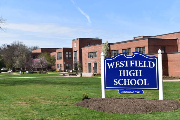 Front entrance and school sign for Westfield High School, representing the excellence of Westfield Public Schools.