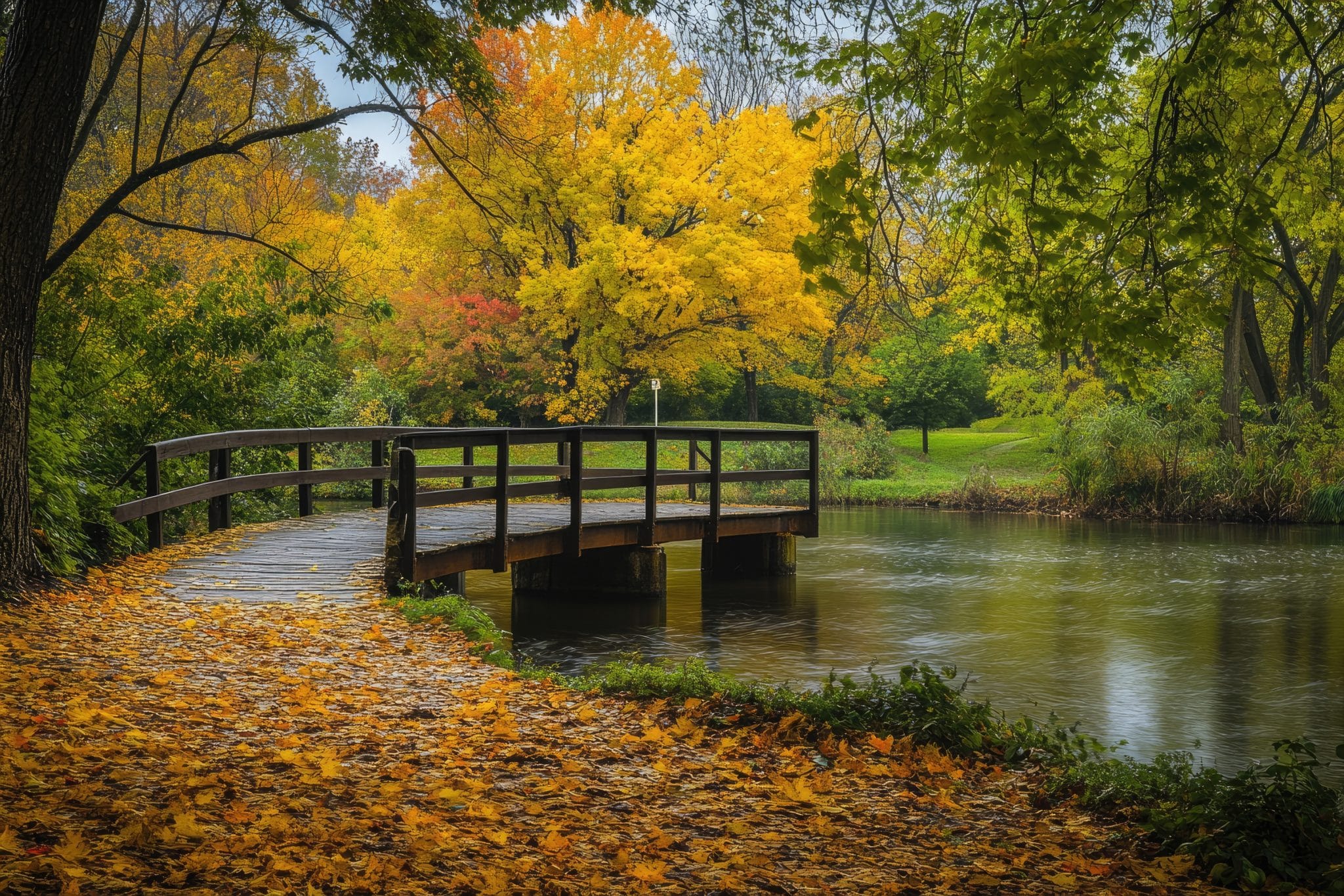 Scenic walking path and wooden bridge over stream in Westfield, New Jersey park during fall with colorful foliage”